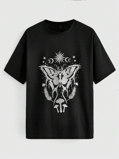 Camiseta De Hombros Caídos Con Estampado De Mariposas