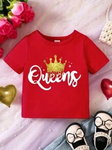 SHEIN 女婴新奇字母印花短袖 T 恤，夏季情人节 - 紅色 - 查看 1