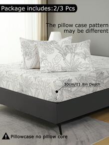 2/3pcs Fitted Sheet Sets, 90g Polyester Brushed Fabric, Plant & Flower Pattern, Includes 1 Fitted Sheet And 2 Pillowcases - White - View 4
