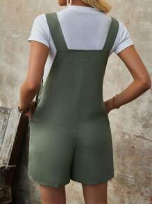 SHEIN LUNE Women's Summer Solid Color Pleated Jumpsuit Without Sleeveswork Clothes - Green - View 3