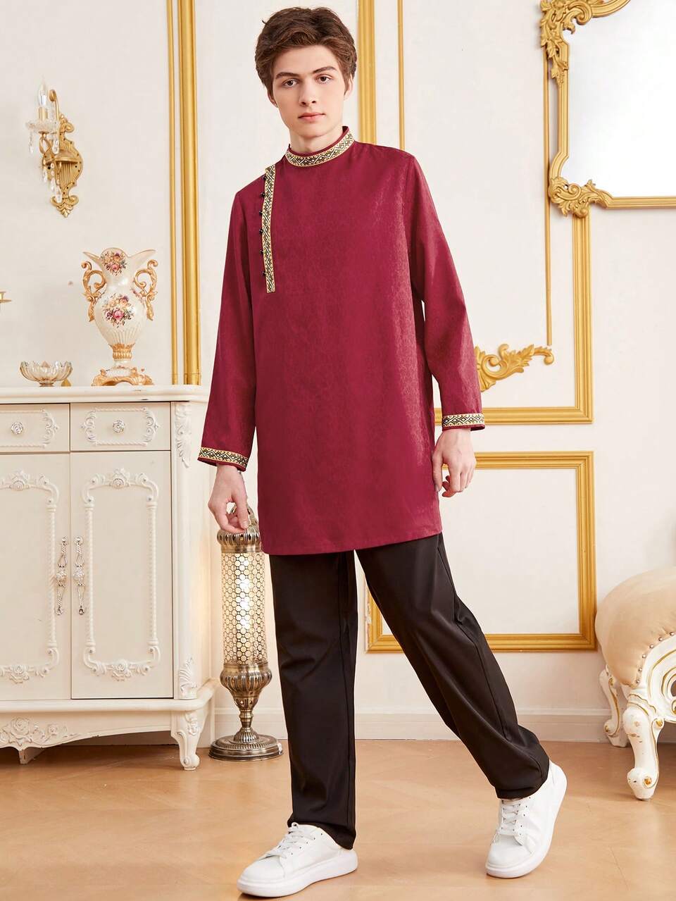 Teen Boys' Casual Red Long-Sleeved Shirt With Weaving Detail And Black Pants 2pcs/Set