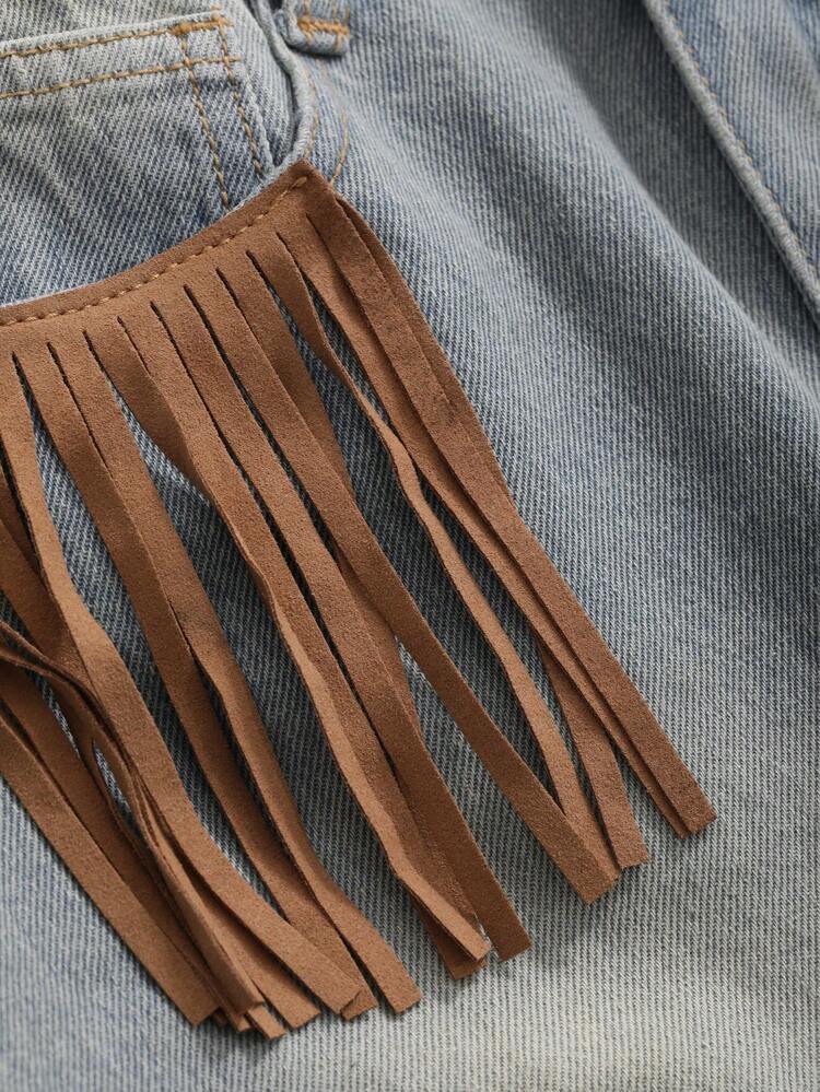 Women'S Contrast Color Fringed Decor Washed Denim Skirt Jeans Skirt
