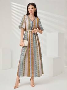 Seusyu 幾何條紋圖案阿拉伯短袖連衣裙 - 黃色 - 查看 3