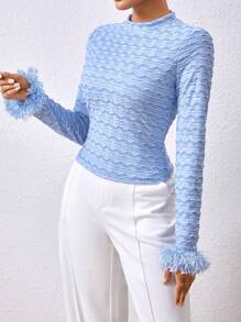 SHEIN Privé Women's Solid Color Textured Fuzzy Sleeve Cuff T-Shirt
