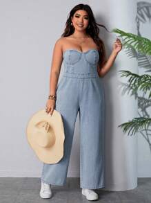 Breezaya Plus Size Denim Strapless Jumpsuit - Blue - View 1