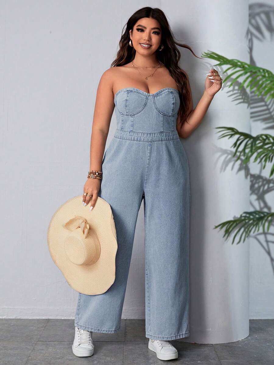 Breezaya Plus Size Denim Strapless Jumpsuit - Blue - View 1