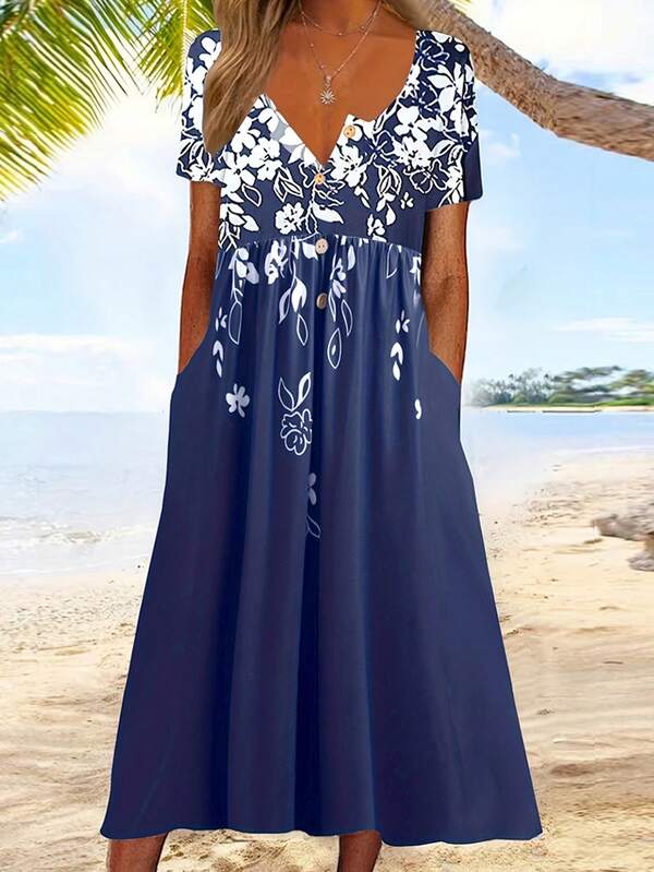 Floral Print Short Sleeve Dress With Hidden Pockets