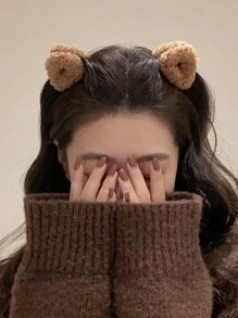 ROMWE Kawaii 1pair Cute Plush Ear Shaped Hair Clips Claw Clips Hair Claws Hair Barrettes - Coffee - View 2