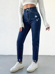 EURMUSE Women's Distressed Jeans - Navy Blue - View 4