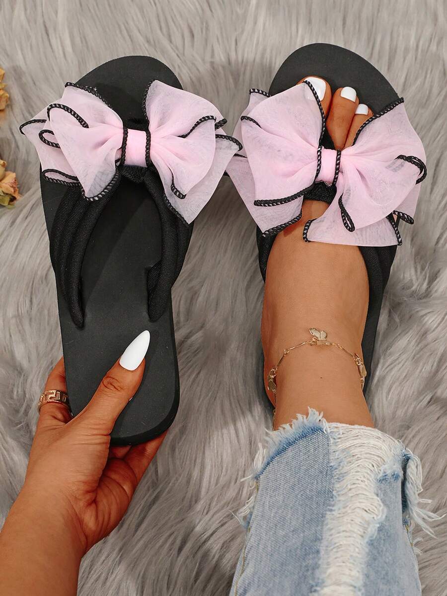 女式蝴蝶結平底拖鞋,休閒扁平人字拖女式涼鞋,配有室內外防滑大底 - 粉色 - 查看 1