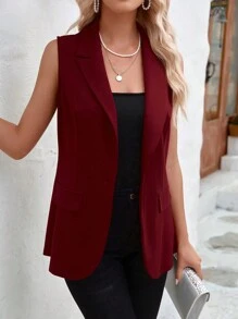 EMERY ROSE Blazer Sin Mangas Rojo Para Mujer Con Solapa De Pico Para La Primavera Y Un Solo Botón - Burdeos - Ver 6