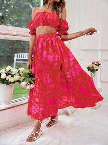 SHEIN VCAY Women's Vacation Style Floral Print Off Shoulder Short Sleeve Top And Skirt Set - Multicolor - View 5