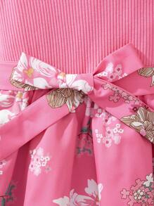 SHEIN Cô gái Tween Hoa In Váy có thắt lưng - Hồng - Xem 3