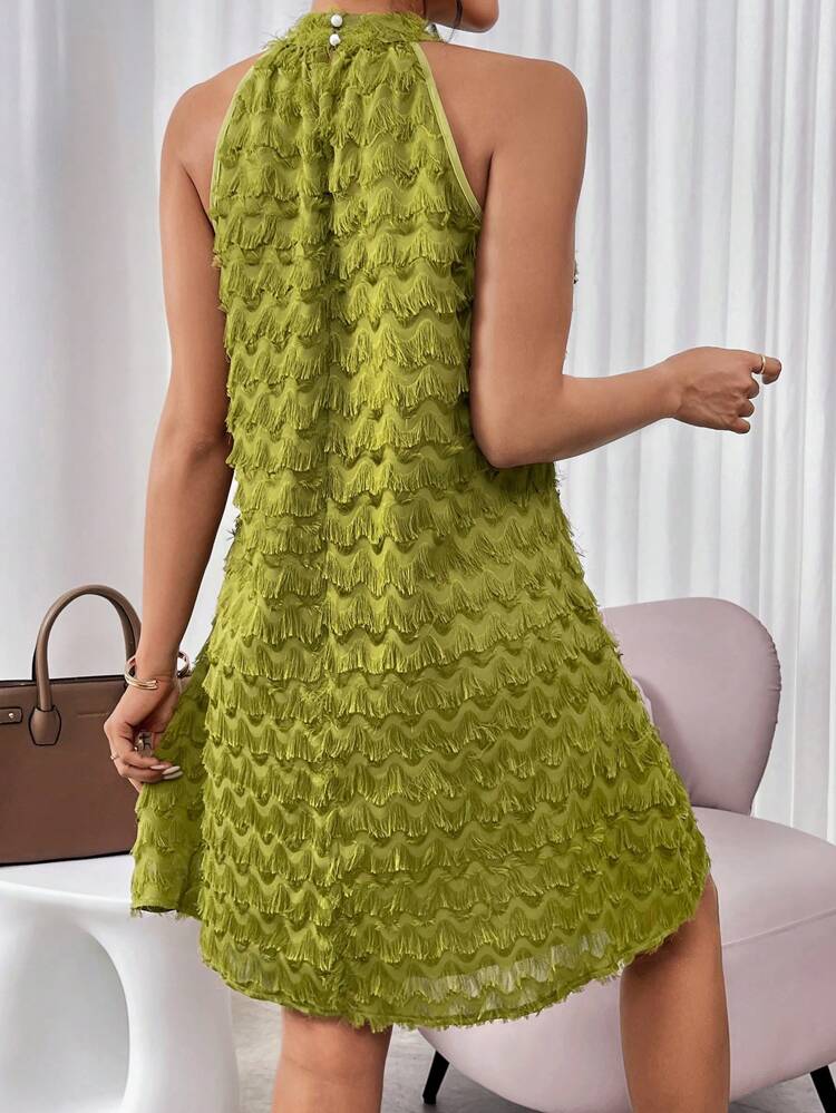 Women's Sleeveless Fringe Trim Halter Neck Dress