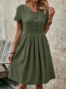 EMERY ROSE Váy dài vừa phải màu xanh quân đội cổ tròn tay ngắn dành cho nữ mùa hè - màu xanh lá - Xem 5
