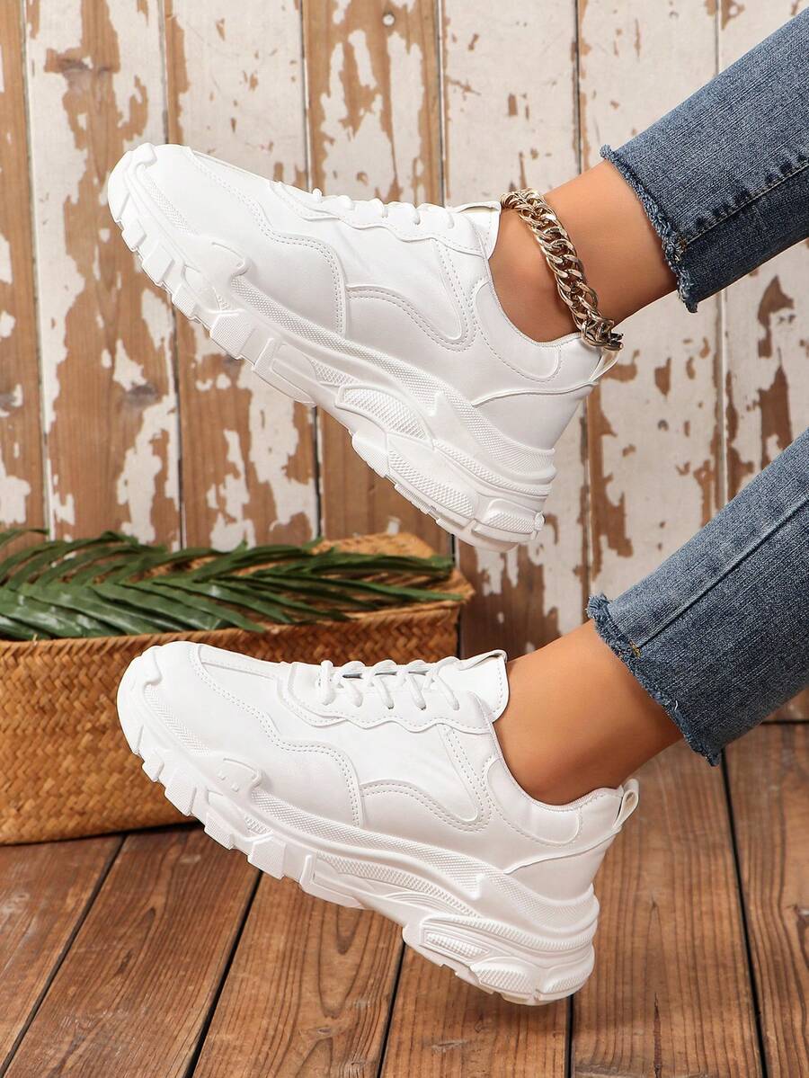 New Style Women's Fashionable Sport Shoes With Round Toe, Solid Color Lace-Up And Thick Sole - White - View 1