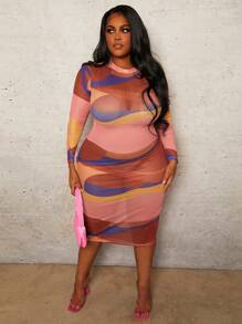 Slaydiva 大碼立領長袖透視連衣裙 - 橘色 - 查看 1