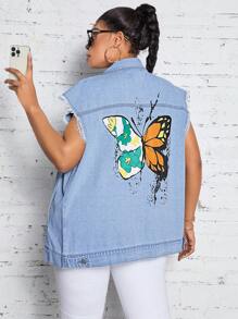 Plus Size Butterfly Print Denim Jacket - Light Wash - View 1