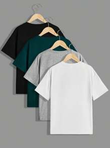 SHEIN 4 cái/bộ Cậu bé Tween Giải trí Phong cách đường phố Màu thuần Vòng cổ Lỏng lẻo phù hợp Ngắn tay , Mỗi Màu sắc một miếng - Nhiều màu - Xem 2