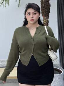 Dazy Petite Plus Plus Size Women's Drop Shoulder Cardigan With Button Closure - Green - View 1