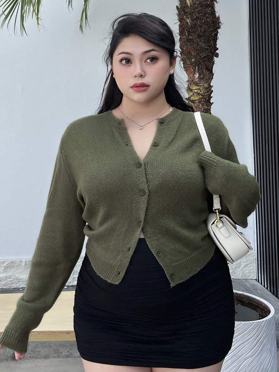 Dazy Petite Plus Plus Size Women's Drop Shoulder Cardigan With Button Closure - Green - View 1
