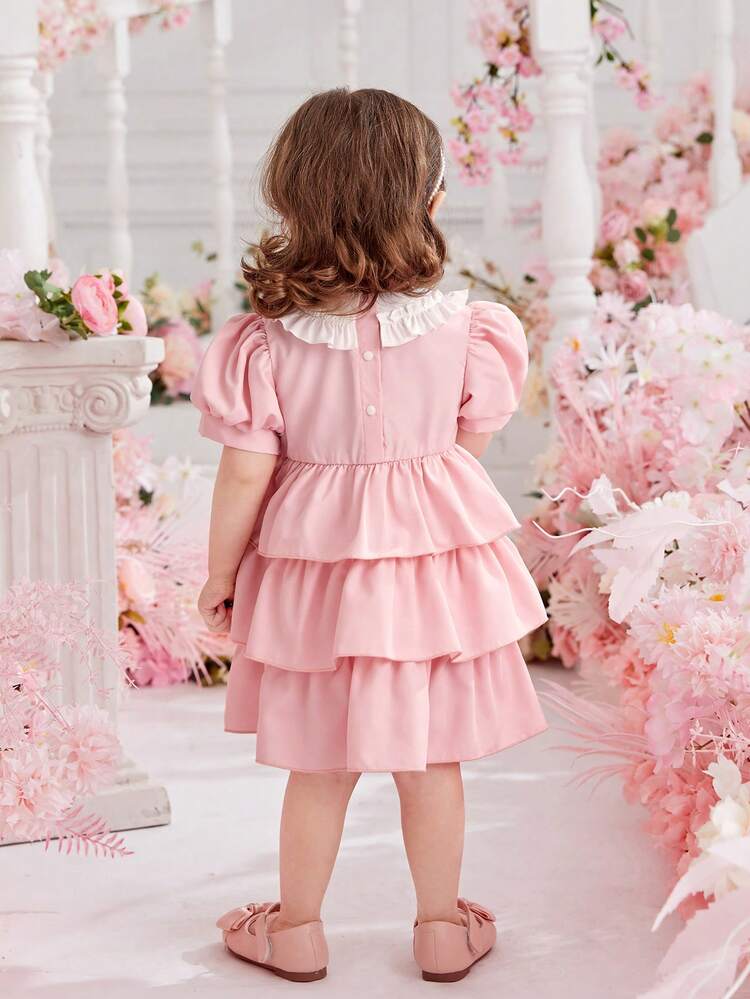 Baby Girls' Princess Style Layered Cake Dress With Ruffle Hem