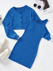 SHEIN EZwear Women's Rib Knit Two Piece Set - Blue - View 1