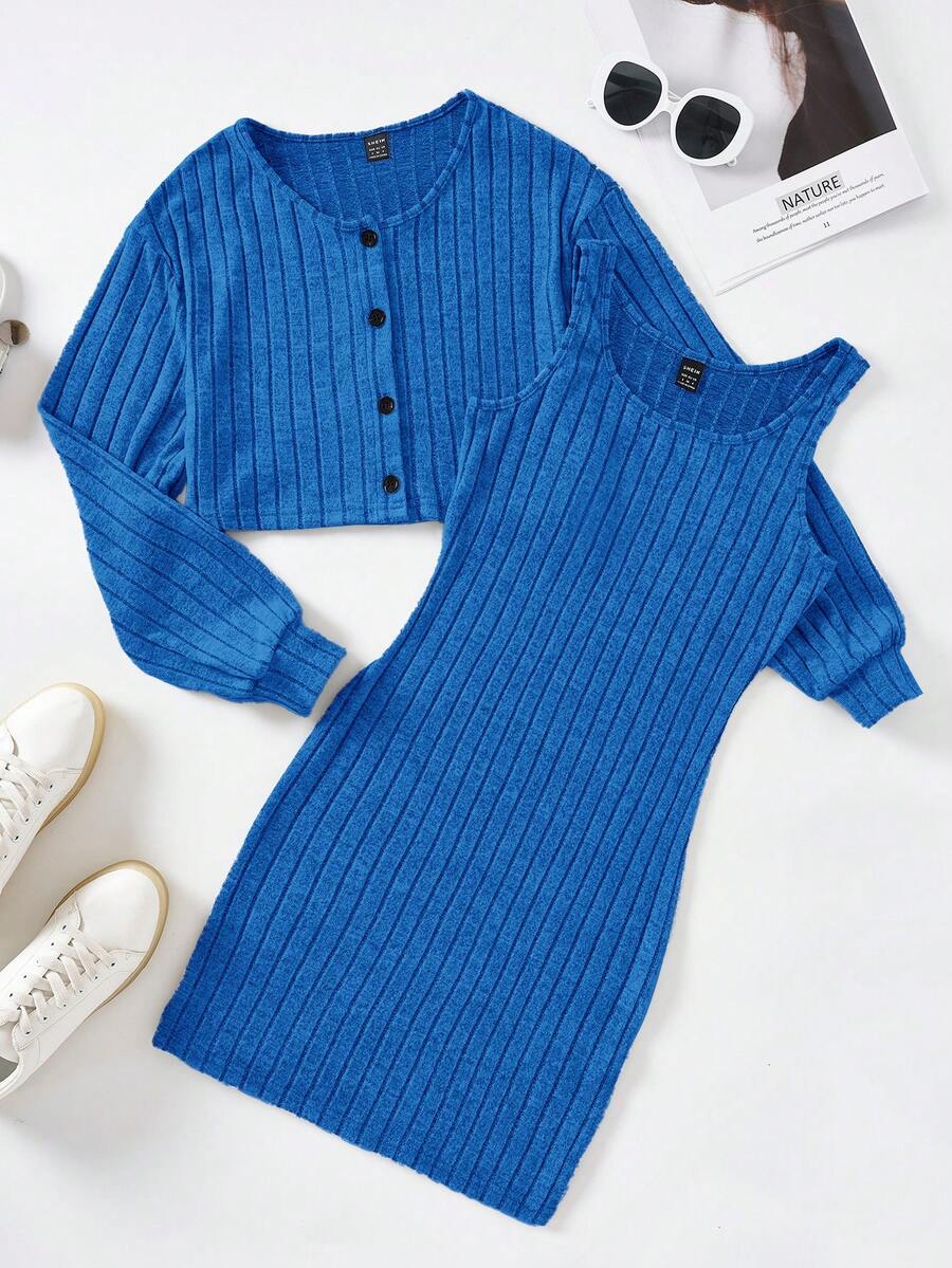 SHEIN EZwear Women's Rib Knit Two Piece Set - Blue - View 1