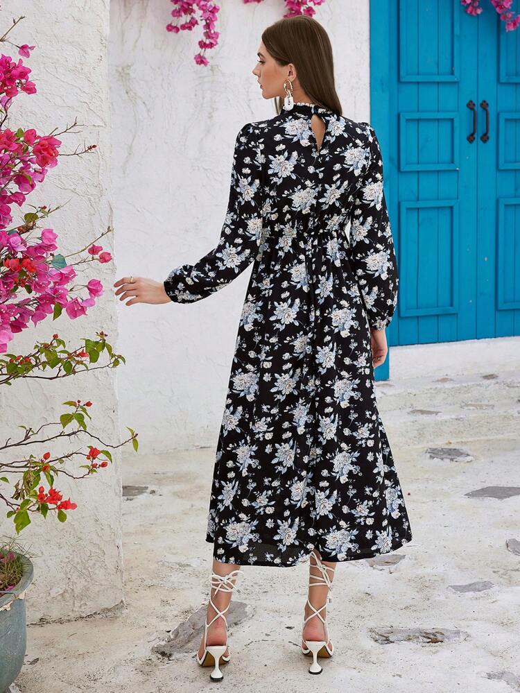 Women's Floral Printed Stand Collar Long Sleeve Dress