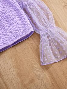 Cô gái Tween Chấm bi Lưới Dệt Cổ vuông Ống tay áo Giải trí Áo sơ mi - Màu tím - Xem 4