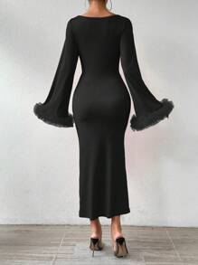 SHEIN Privé Fuzzy Tay áo Cổ tay áo Thon gọn Tay áo dài Đầm - màu đen - Xem 2