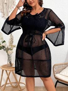 SHEIN Clasi Kích thước lớn Của phụ nữ Xu hướng: Cắt giảm Tách tay áo Đầm Áo len - màu đen - Xem 4