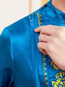 SHEIN Teen Boy's Mandarin Collar Imitation Gold Foil Printed Satin Robe And Pants Set - Multicolor - View 7