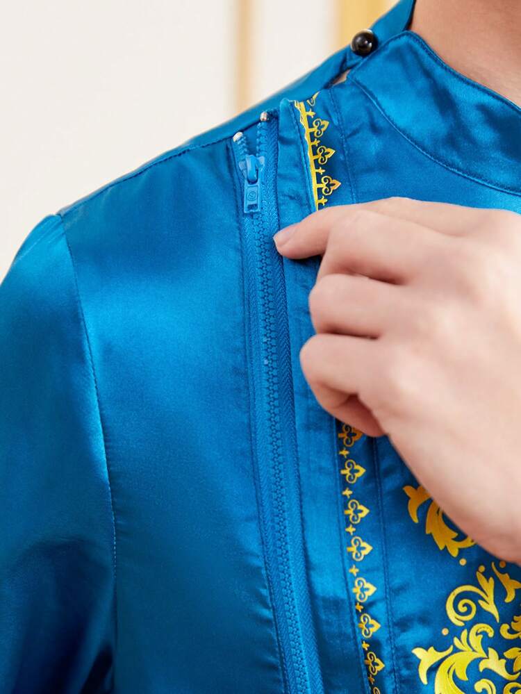 Teen Boy's Mandarin Collar Imitation Gold Foil Printed Satin Robe And Pants Set