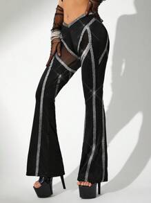 SHEIN ICON Của phụ nữ Màu bạc Lưới trong suốt Siêu Tăng thấp Thon gọn Quần loe - màu đen - Xem 6