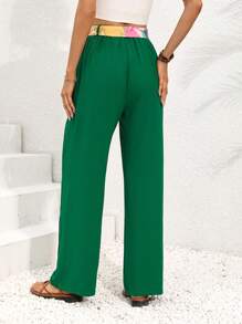 SHEIN LUNE Green Slanted Pocket Belted Trousers - Green - View 2