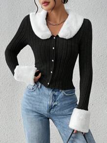 SHEIN Essnce Women's Color Block Splice Top - Black and White - View 4