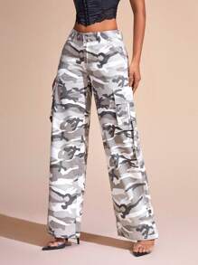 SHEIN BAE 貨物迷彩圖案牛仔褲 - 淺灰色 - 查看 3