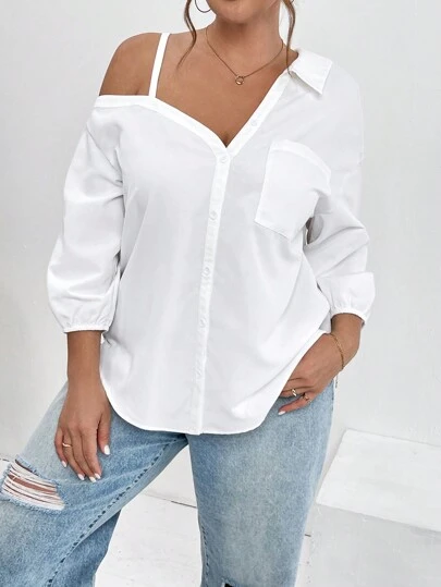 SHEIN Essnce Ropa de mujer talla grande, nueva moda de primavera y verano para fotografía callejera, camisa casual asimétrica de hombros