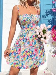 Soleia Của phụ nữ Giường đôi In hoa Mặt trước Buộc Dây đeo Mì Ý  Đầm - Nhiều màu - Xem 1