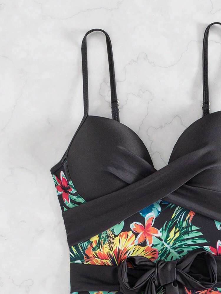 Women'S One-Piece With Steel Support And Plant Print Patchwork Design Summer