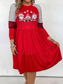 SHEIN LUNE Talla grande Vestido smock de rayas & con estampado de Navidad de manga raglán bajo con fruncido - Rojo - Ver 3