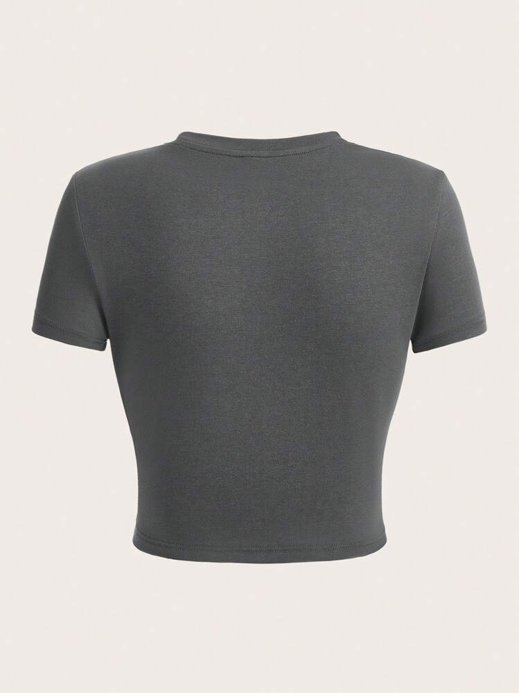 SHEIN EZwear 星星印花圆领短袖修身女式T恤，适合夏季 - 深灰色 - 查看 2