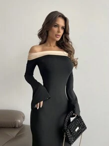 Aloruh 女性彩色拼接露肩長袖連衣裙 - 杏色 - 查看 6
