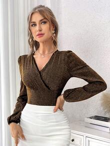 SHEIN Privé Women's Lantern Sleeve Wrap-Front Bodysuit - Gold - View 3