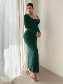 SHEIN SXY 長袖高開叉下擺毛衣連衣裙 - 綠色 - 查看 3