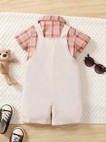 SHEIN 男寶寶格紋短袖襯衫和短款連身褲休閒裝 - 彩色 - 查看 2