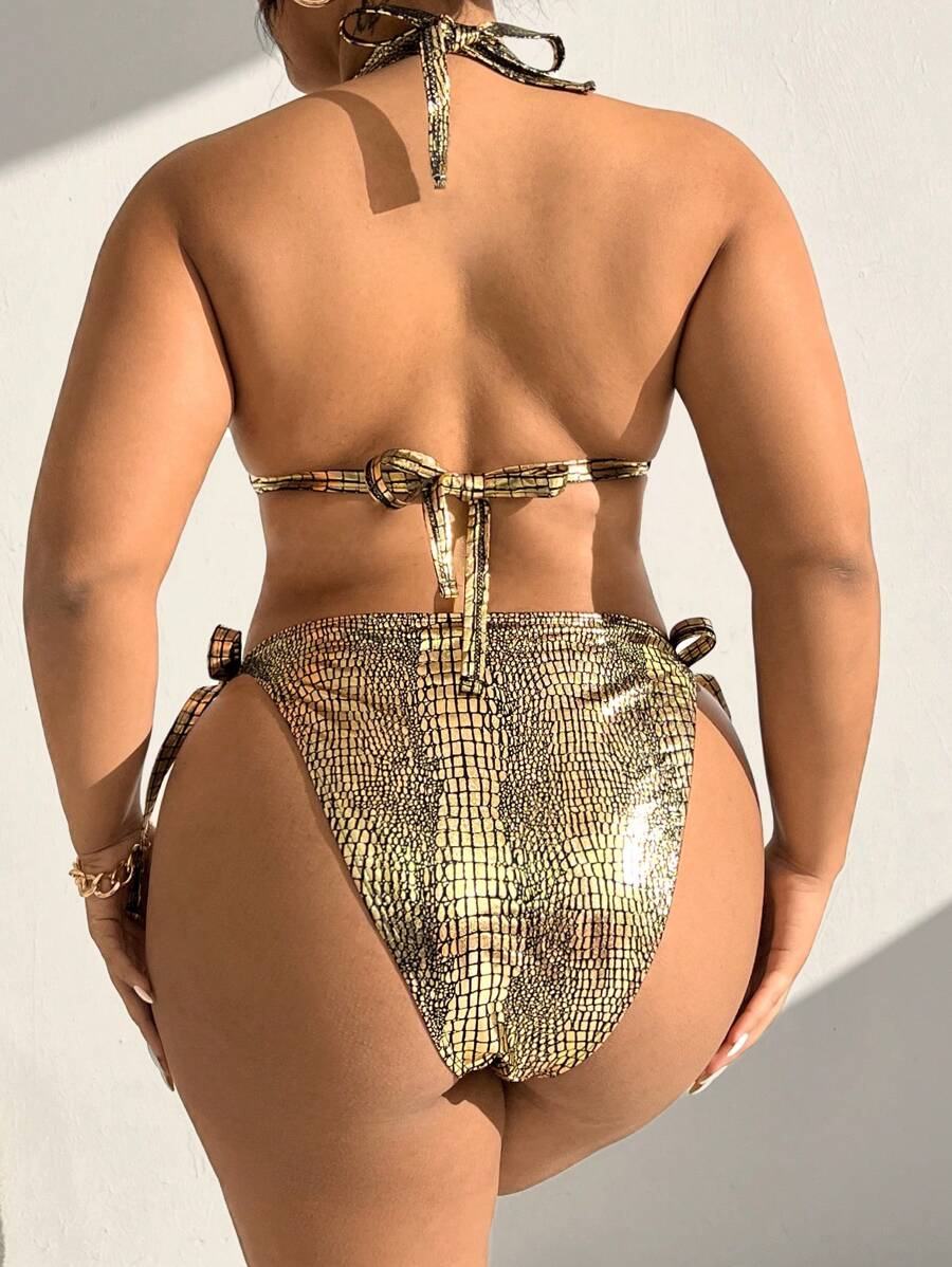 SHEIN Swim Curve Bộ Bikini Cổ Tròn Họa Tiết Cá Sấu Plus Size Đi Biển Mùa Hè - Vàng - Xem 1