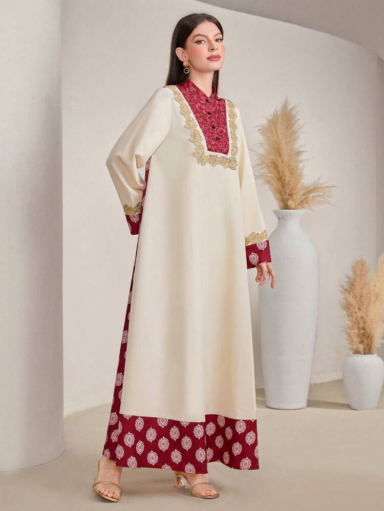 Women's Floral Embroidery Stand Collar Button Front Arab Long Jalabiya Dress