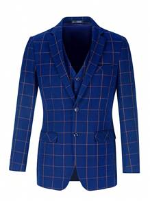 Men Plaid Print Blazer & Waistcoat & Suit Pants - Navy Blue - View 6